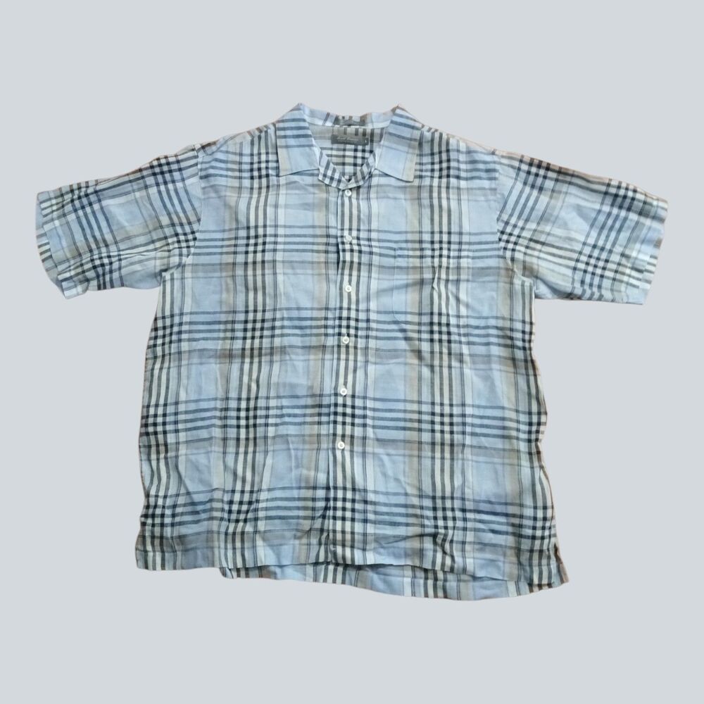 Daniel Cremieux Signature Collection Mens Large Blue Plaid 100% Linen Shirt SS
